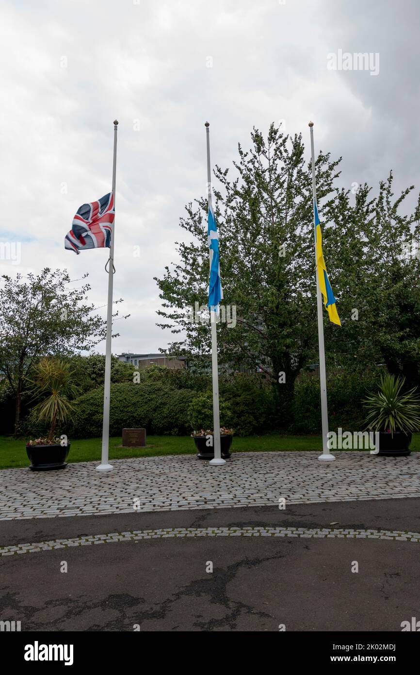 Paisley Renfrewshire council flags at halfmast Queen Elizabeth`s